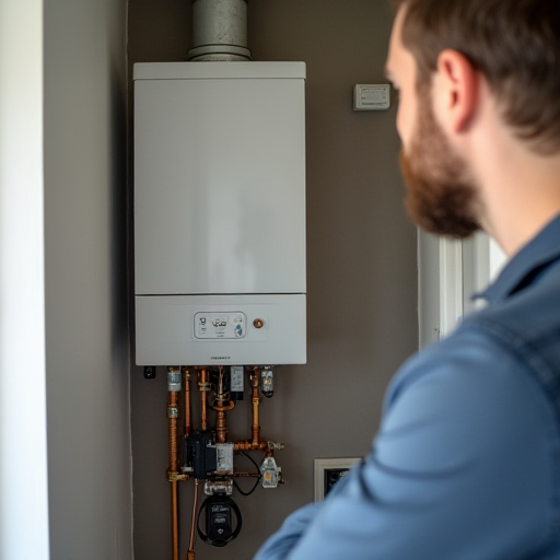 Gürültülü bir kazanı kontrol eden bir teknisyen.