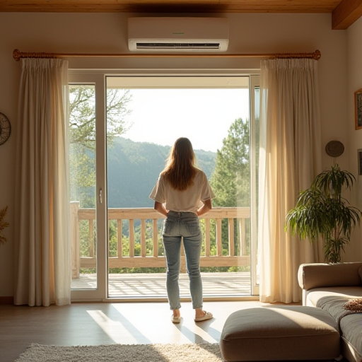 Modern bir klima ünitesinin önünde duran bir kişi, şirin bir yaz evinde.