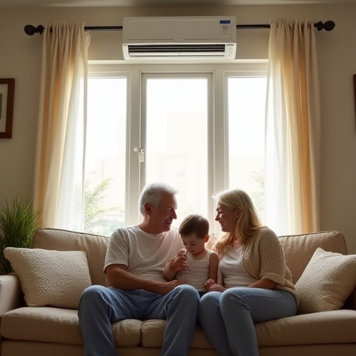 Bir çocuk ve yaşlı bir kişinin, klima cihazının yakınında rahat bir şekilde oturduğu bir aile odası.