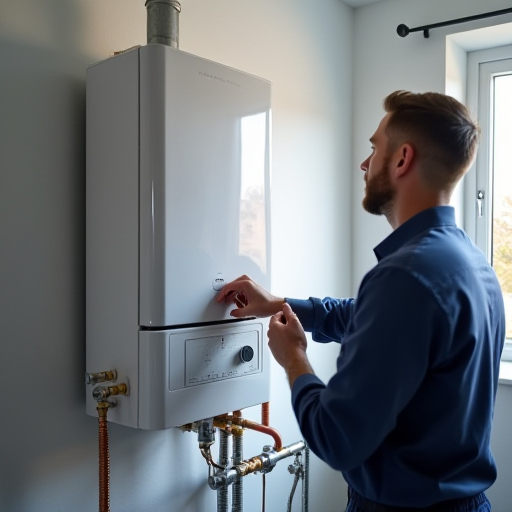 Bir kombi kazanının, bir hizmet odasında çekilmiş fotoğrafı.