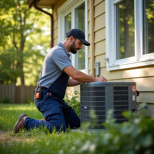 HVAC teknisyeni, gölgeli bir alanda klima takıyor.