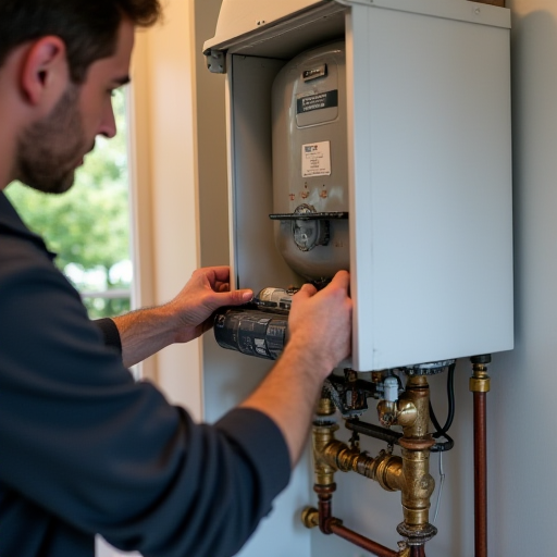 Bir teknisyen, kazan bakımını gerçekleştiriyor.