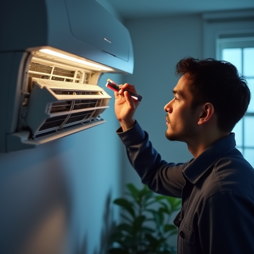 Teknisyen, klima cihazının soğutucu akışkan borularını kontrol ediyor.