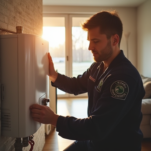 Modern bir oturma odasında bir teknisyenin bir kombiyi kontrol etmesi.