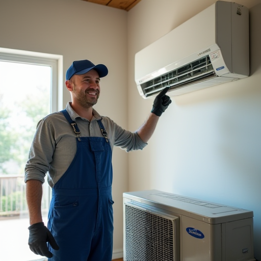 Profesyonel bir HVAC teknisyeni, yeni takılmış bir klima cihazının yanında.