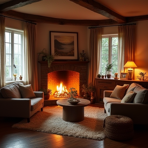 Şömineli ve sıcak aydınlatmalı, rahat bir oturma odası.