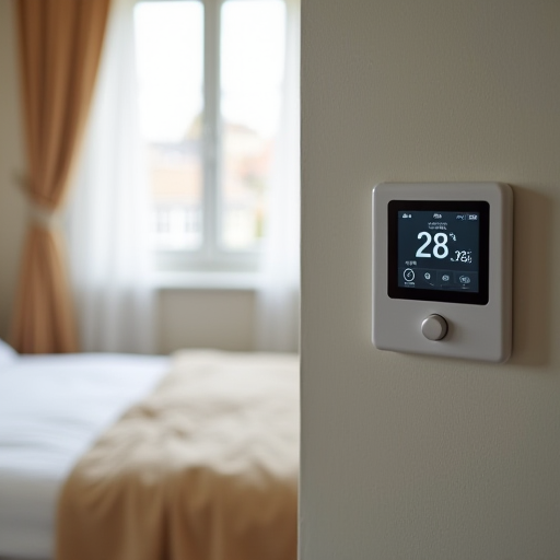 Duvarında dijital bir termostat bulunan, sıcak bir yatak odası.