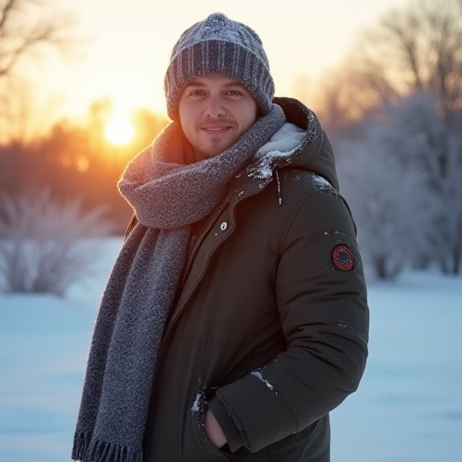 Ağır bir mont ve atkı giymiş bir kişi, karlı bir manzarada.