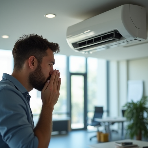 Bir adam, klima havalandırma açışının yakınında hapşıyor.