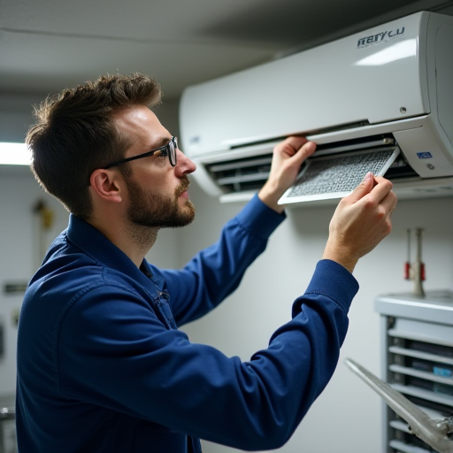 Bir teknisyen, bir klima cihazının hava filtresini kontrol ediyor.