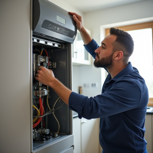 Arızalı bir kazan incelemesi yapan bir teknisyen.