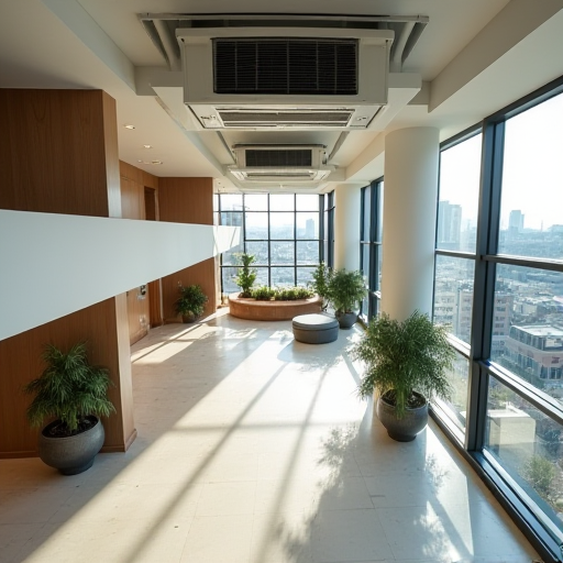 Modern bir otel lobisi, tavanda merkezi ısıtma, havalandırma ve klima ünitesi bulunmaktadır.