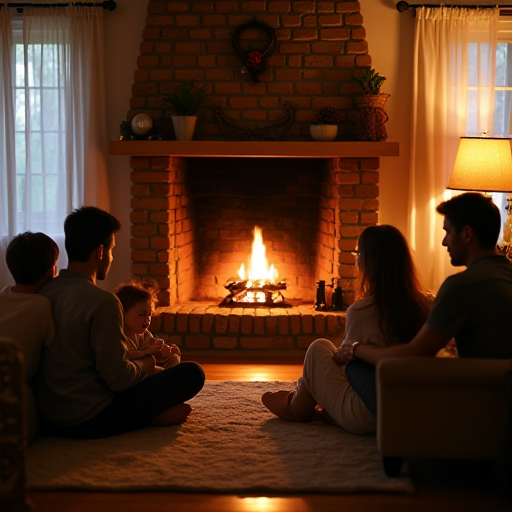 Doğal gazlı şöminesi olan, sıcak bir oturma odası.