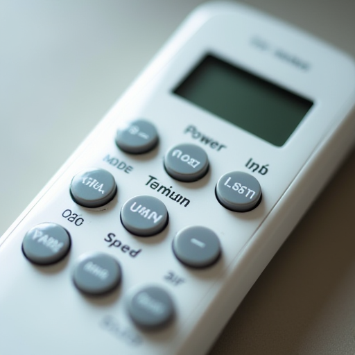 Etiketli düğmelere sahip bir klima kumandasının yakın çekim fotoğrafı.