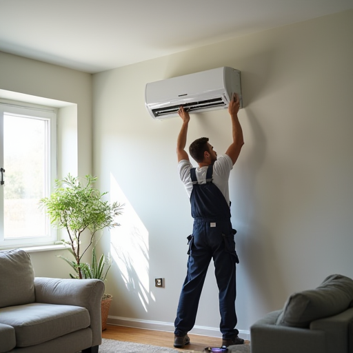 Profesyonel bir HVAC teknisyeni, yeni bir klima cihazı takıyor.