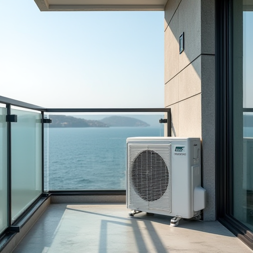 Kadıköy'de deniz manzaralı bir balkonda modern klima.