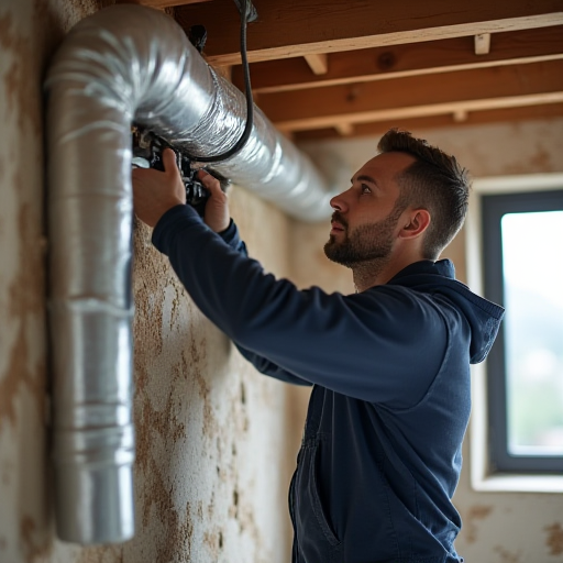 Sarıyer'deki bir villa tipi evde kanalizasyon sistemi montajı yapan profesyonel bir HVAC teknisyeni.
