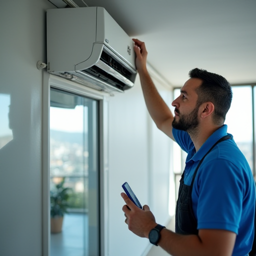 Bulat İklimlendirme'den bir teknisyen, klima cihazı montajı yapıyor.