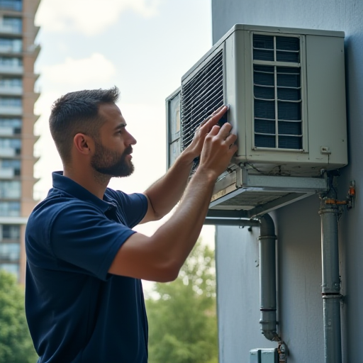 Bir teknisyen, bir klima ünitesini kontrol ediyor.