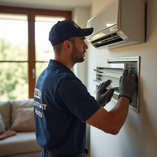 Bulat İklimlendirme'den bir teknisyen, bir klima ünitesinin bakımını yapıyor.