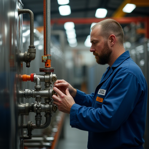 Bir teknisyen, bir kazan sistemindeki vanaları kontrol ediyor.