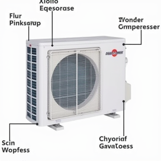 Etiketlerle birlikte bir klima ünitesinin detaylı görseli.