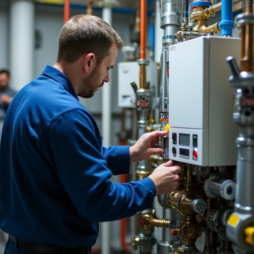 Profesyonel bir teknisyenin bir kombi üzerinde çalıştığı.