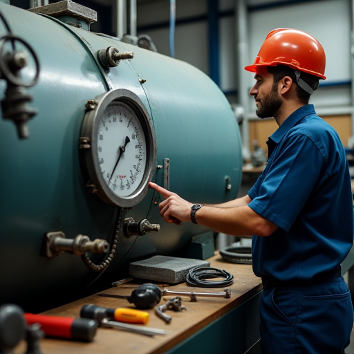 Teknisyen, kazan basınç göstergesini kontrol ediyor.