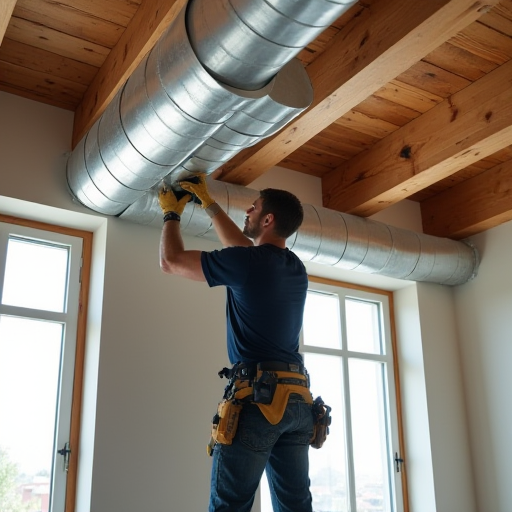 Bir villada, bir teknisyen havalandırma sisteminin montajını yapıyor.