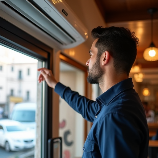 Bir kafede, teknisyen klima ayarlarını yapmaktadır.