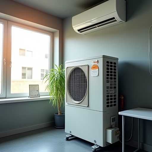 Küçük bir ofiste bulunan, aşırı büyük bir klima ünitesi.