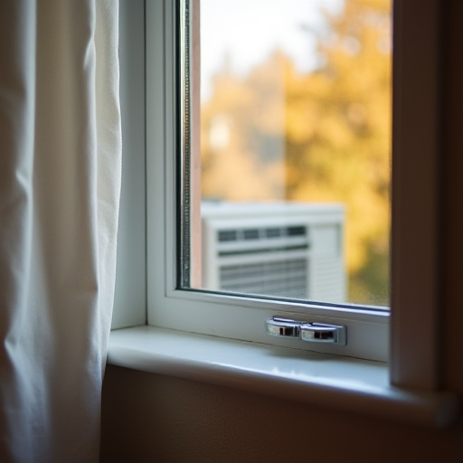 Perdeli bir pencerenin ve arka planda bir klima ünitesinin yakın çekim fotoğrafı.