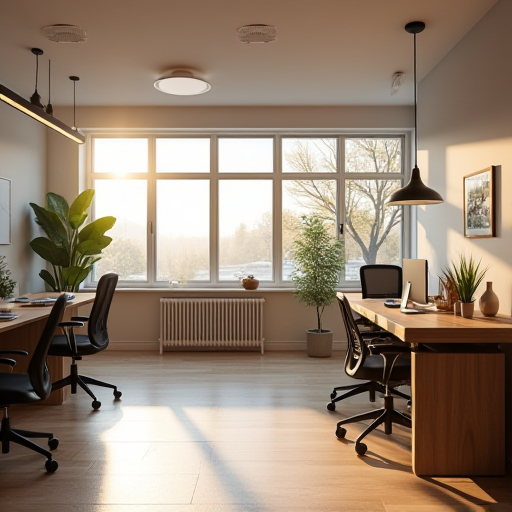 Modern ofis, sıcak bir ısıtma sistemine sahip.
