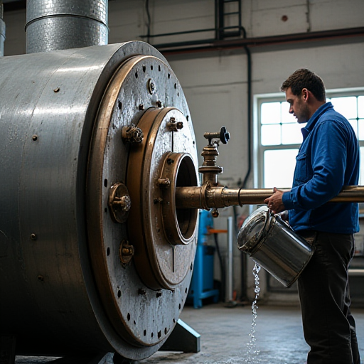 Teknisyen, kazanın basıncını yeniden ayarlıyor.