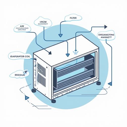 Hava kondisyonlama sisteminin şematik çizimi, vurgulanmış bileşenlerle.