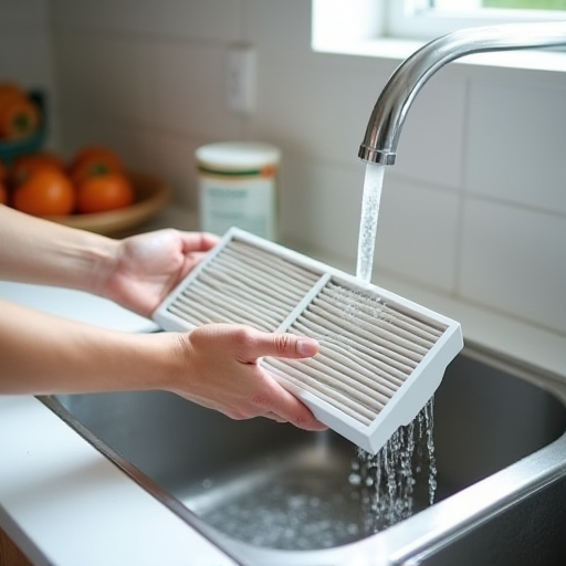 Yeniden kullanılabilir bir klima filtresini akan su altında yıkamak.