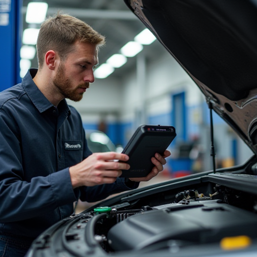 Bir teknisyen, bir tamirhanede aracın klima sistemini kontrol ediyor.