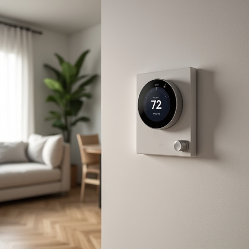 Bir oturma odasında bulunan akıllı bir termostat.