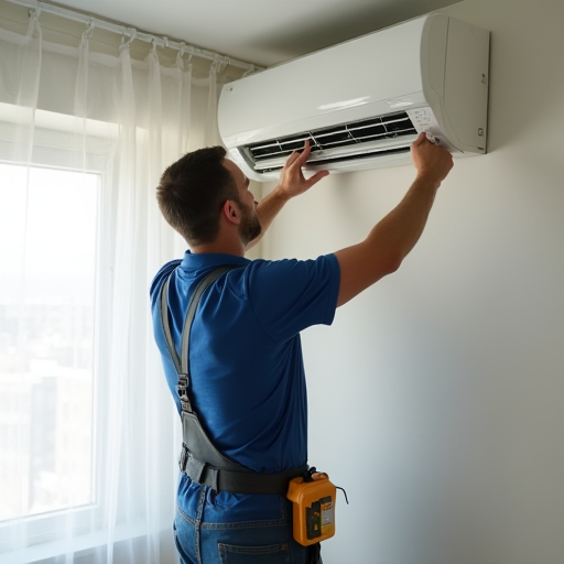 Bulat İklimlendirme'den bir teknisyen, bir klima ünitesi montajı yapıyor.