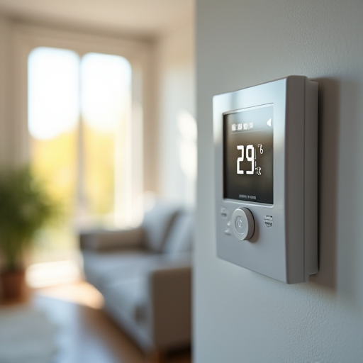 Modern bir oturma odasında bulunan programlanabilir termostat.