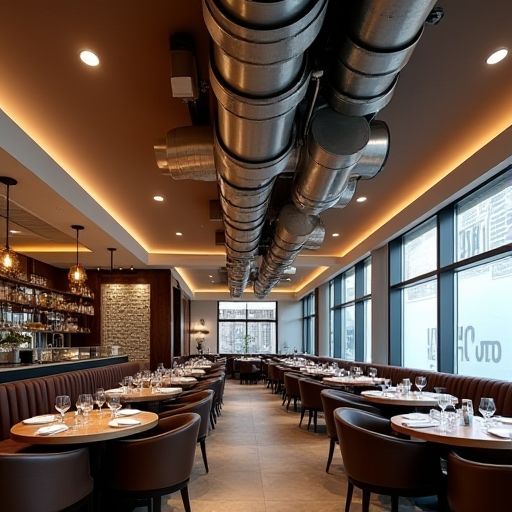 Restoranlar için en iyi klima sistemi. | En İyi Klima. Büyük bir restoran yemek alanında bulunan, kanallı klima sistemi.