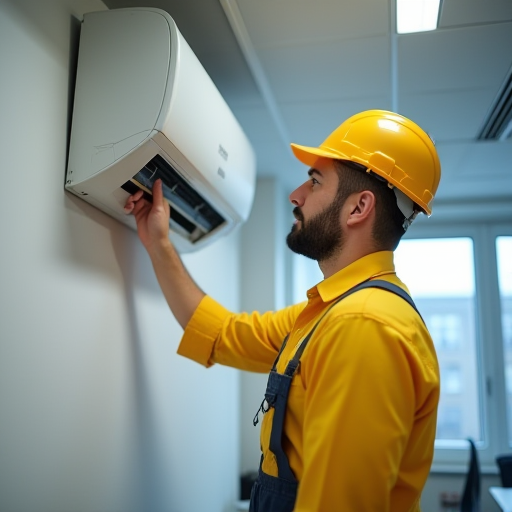 Profesyonel klima servisi neden önemlidir? best practices Bir ofiste, bir HVAC teknisyeni, bir klima ünitesinin termostatını kontrol ediyor.