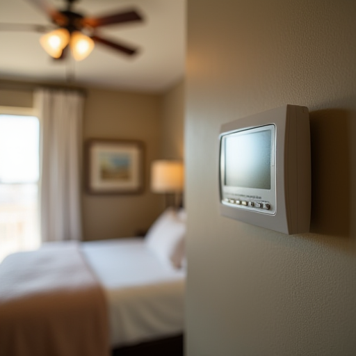 Arka planda bir tavan vantilatörü bulunan, programlanabilir bir termostatın yakın çekim fotoğrafı.