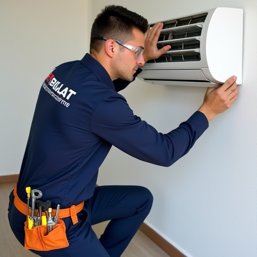 Bulat İklimlendirme üniforması giyen bir teknisyen, bir klima ünitesinin bakımını yapıyor.