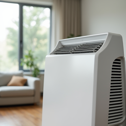 Modern bir oturma odasında, temiz bir klima filtresi ve bir nemlendirici.