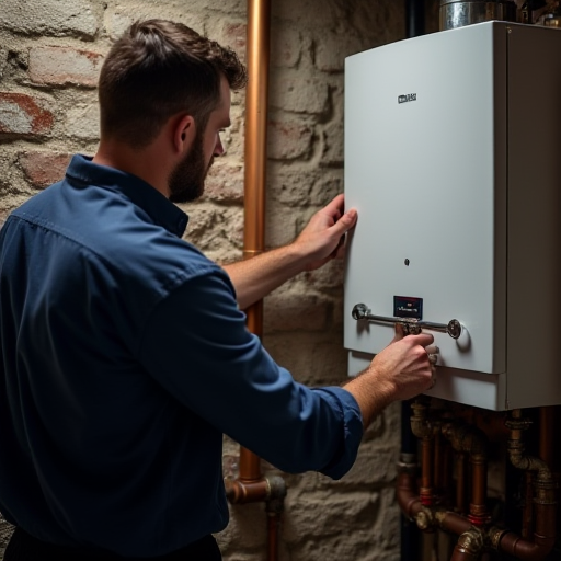 Bir teknisyen, arızalı bir kombi kazanını tamir ediyor.