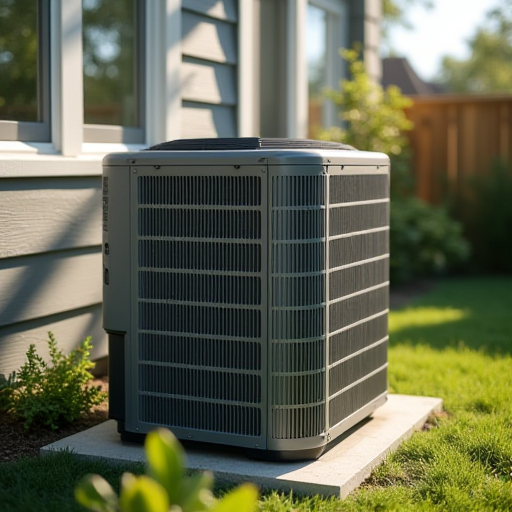 Açık havada bulunan bir klima ünitesinin, hava akışı için yeterli boşluk bırakılarak çekilmiş yakın çekim fotoğrafı.