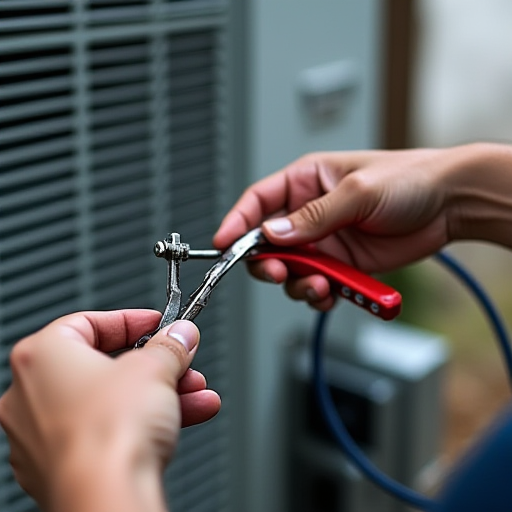 Bir teknisyenin elleri, arka planda bir klima ünitesiyle birlikte çeşitli aletleri tutuyor.