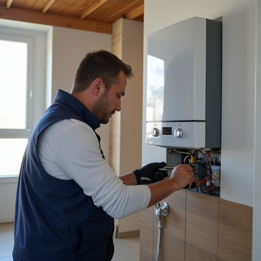 Bir kombi kazanının bakımını yapan teknisyen.