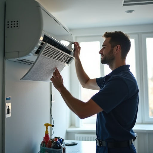 Teknisyen, klima filtrelerini temizliyor.